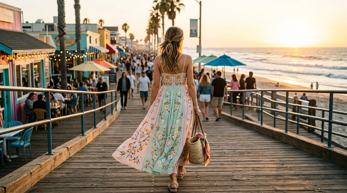 A woman walking on a sunny boardwalk wearing a pastel spring break dress with golden yellow floral embroidery.
