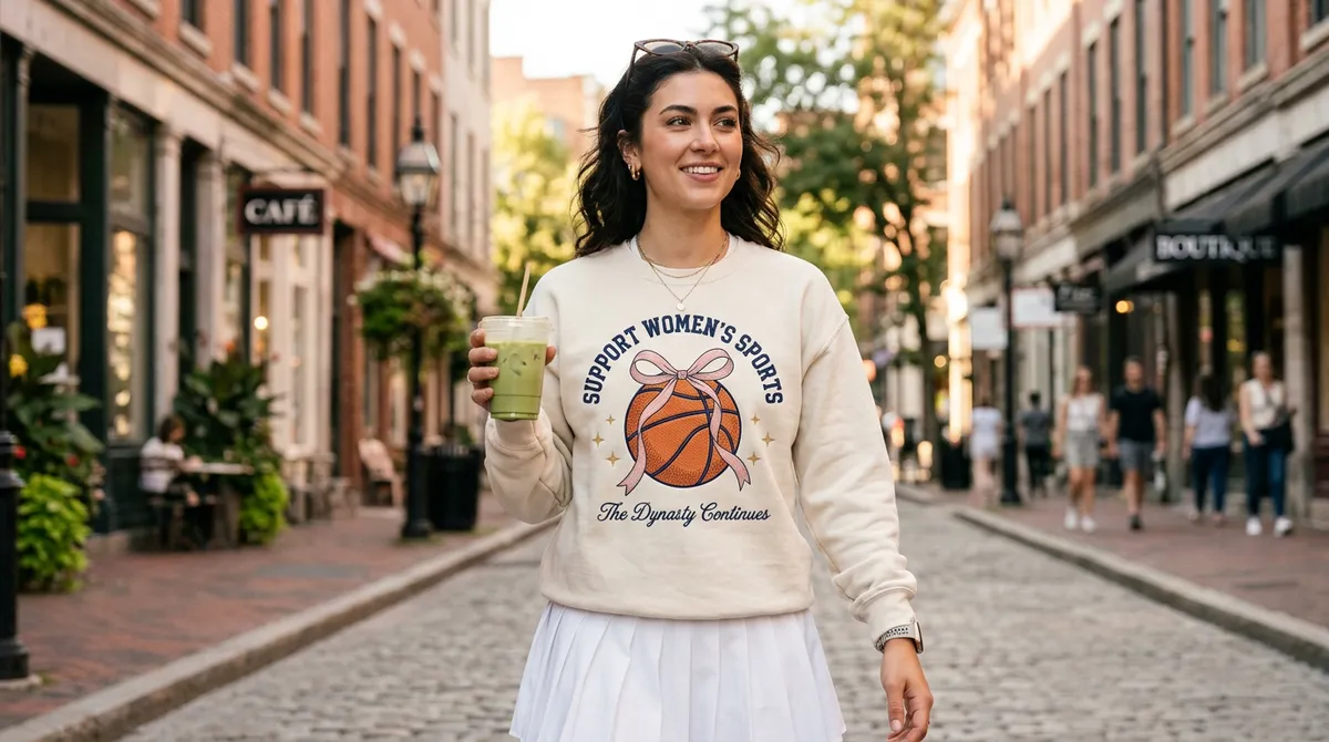 USA women's basketball 8-peat inspired coquette embroidered sweatshirt worn by a stylish woman in the city.