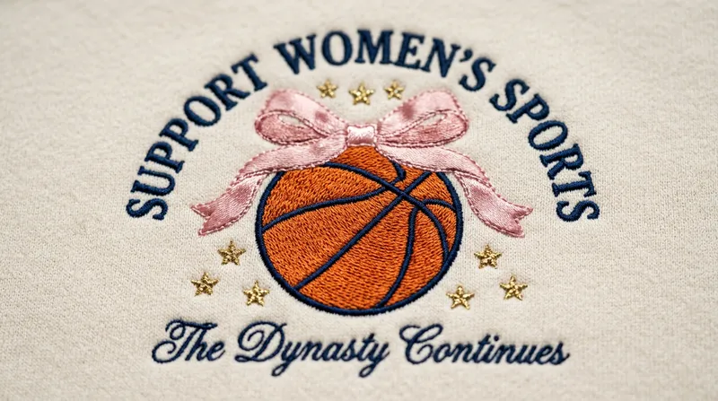 Close-up macro shot showing the intricate satin and fill embroidery stitches of the Coquette Hoops design