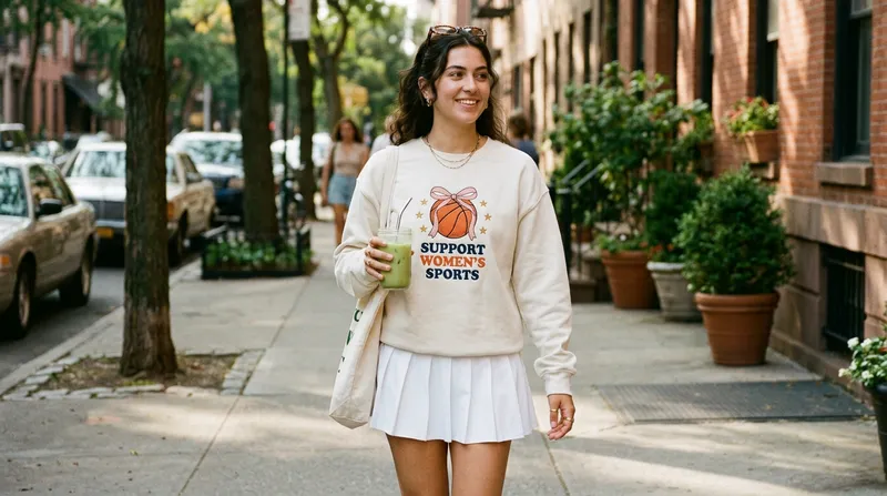 Candid lifestyle shot of a fan wearing the USA Women's Basketball inspired embroidered sweatshirt at a watch party