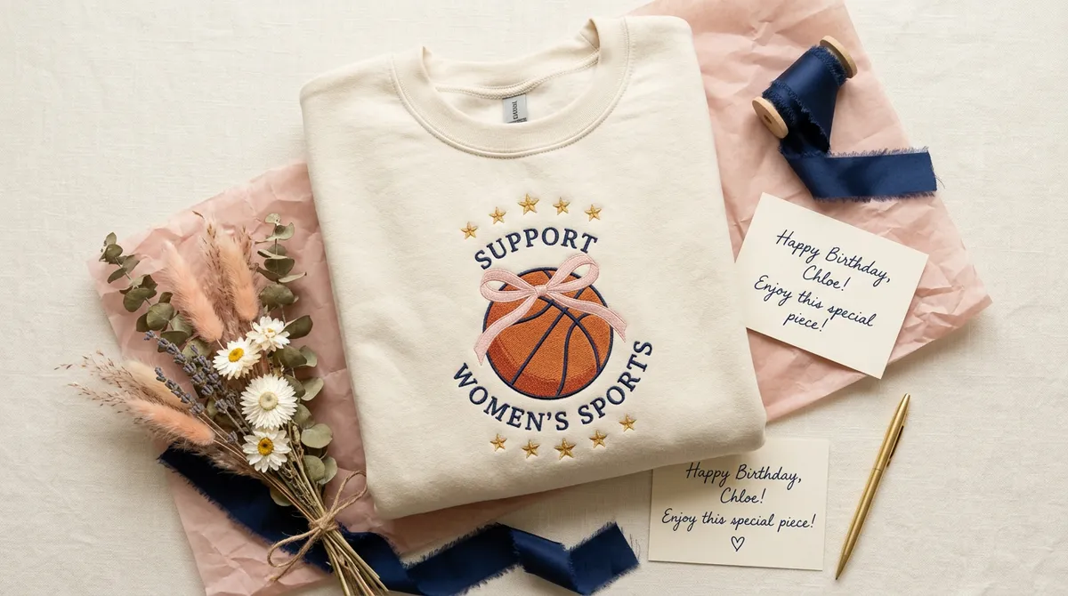 Styled flat lay of the Coquette Hoops Sweatshirt with a vintage basketball, tickets, and gold accessories