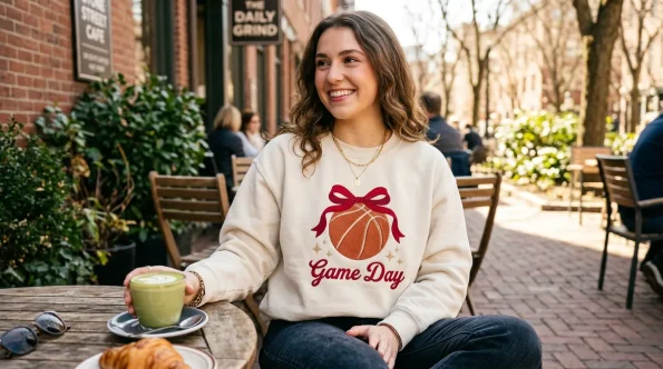 Woman at an outdoor cafe wearing a cream SEC tournament embroidered sweatshirt with a coquette basketball and crimson bow.