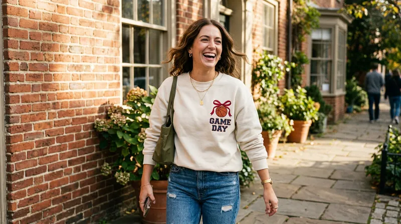 Candid lifestyle shot of a female college student cheering at an SEC Tournament watch party wearing a boutique embroidered sweatshirt