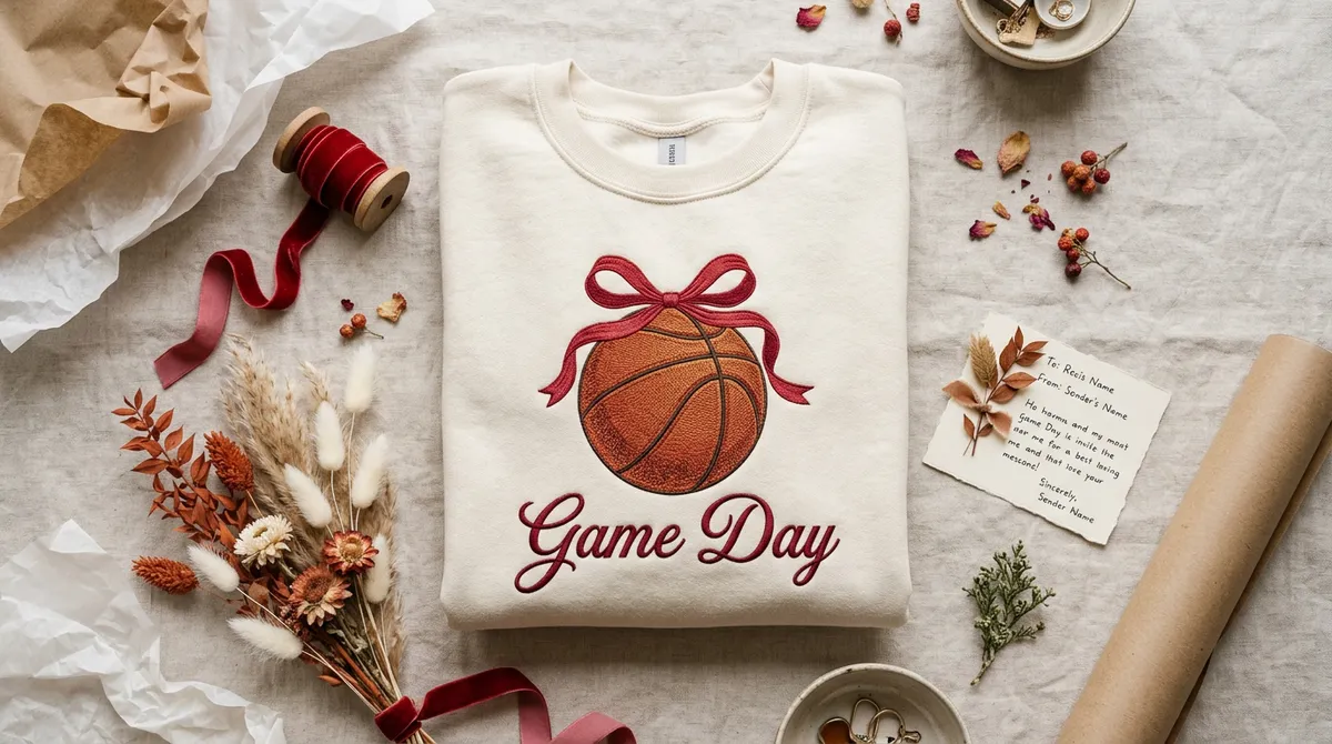 Styled flat lay of the Coquette Court-Side Sweatshirt surrounded by game day tickets, pom-poms, and aesthetic accessories