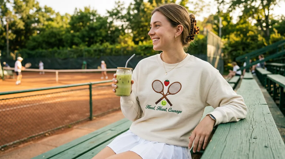 Carlos Alcaraz tenniscore custom embroidered cream sweatshirt worn by a woman at an outdoor tennis court.