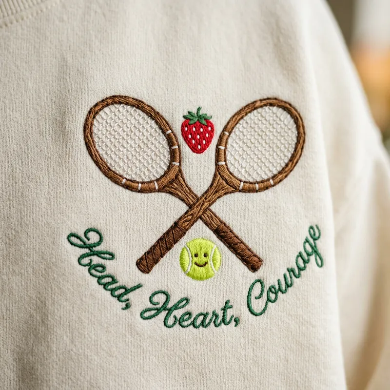 Close-up macro detail showing the intricate embroidery stitches of the vintage wooden tennis rackets, strawberry, and smiling tennis ball on the sweatshirt