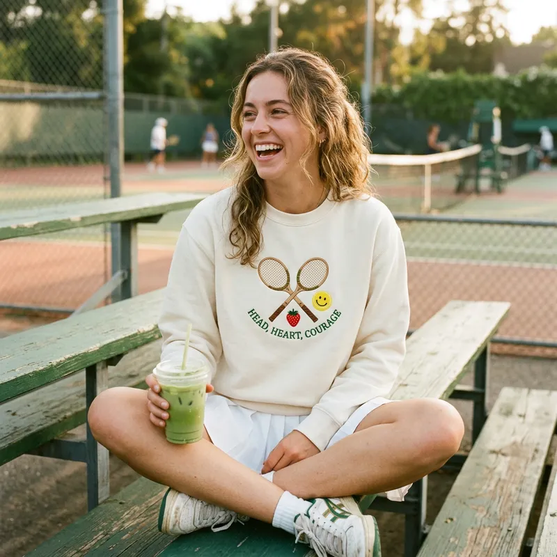 Candid lifestyle shot of a young woman wearing the Head, Heart, Courage <a href=
