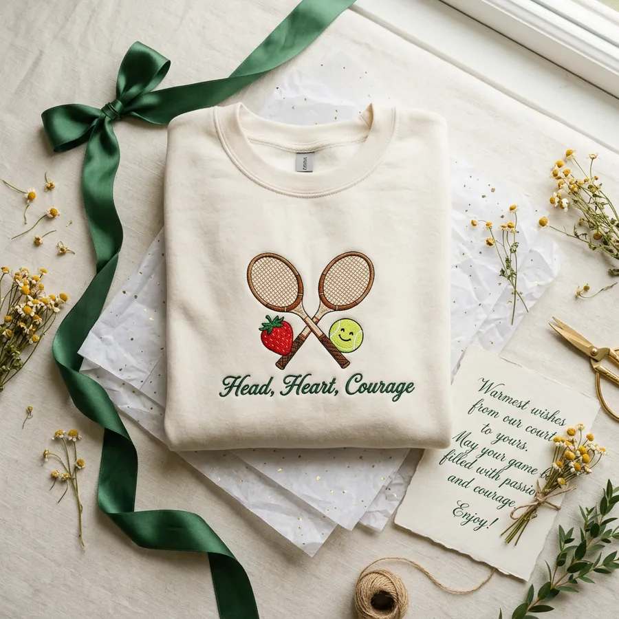 Styled flat lay of the embroidered tenniscore sweatshirt paired with a pleated white tennis skirt, vintage racket, and fresh strawberries