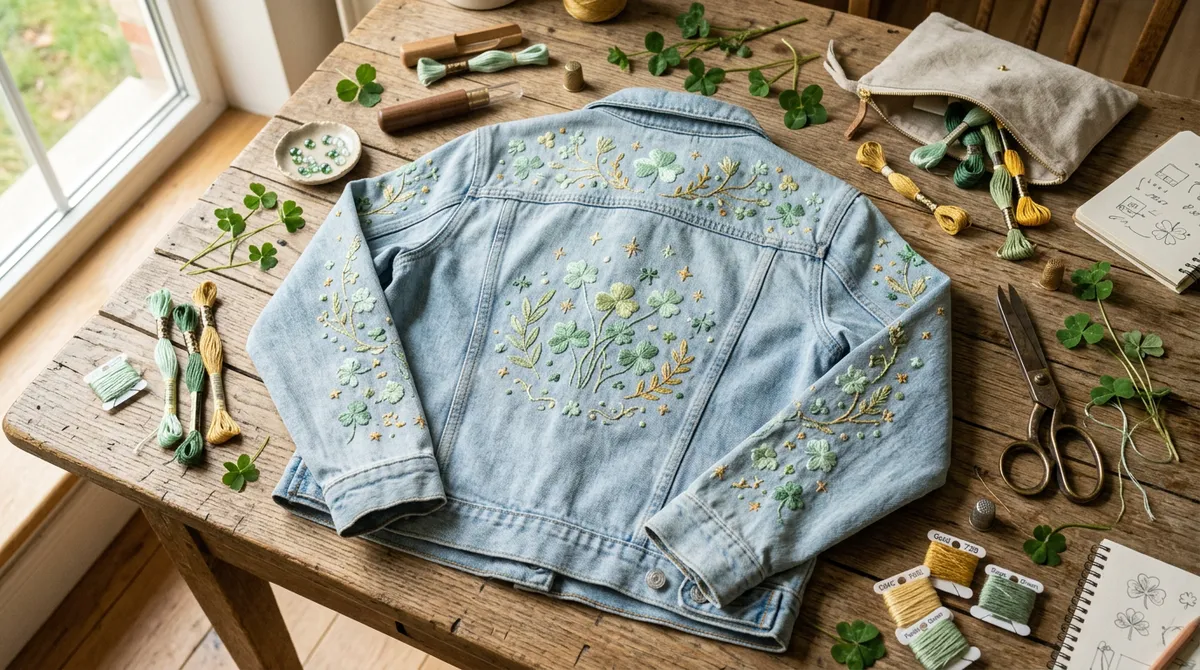 A beautifully embroidered denim jacket with St. Patrick's Day motifs laid on a wooden table with crafting supplies.