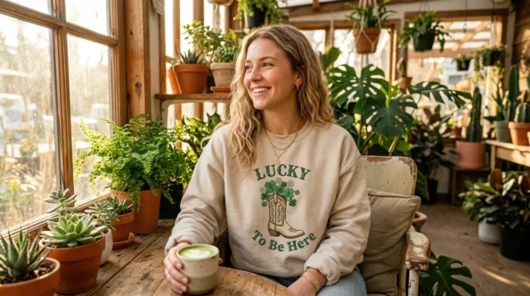 Elevate your saint patrick's day style with our embroidered coastal cowgirl sweatshirt featuring a lucky western boot.