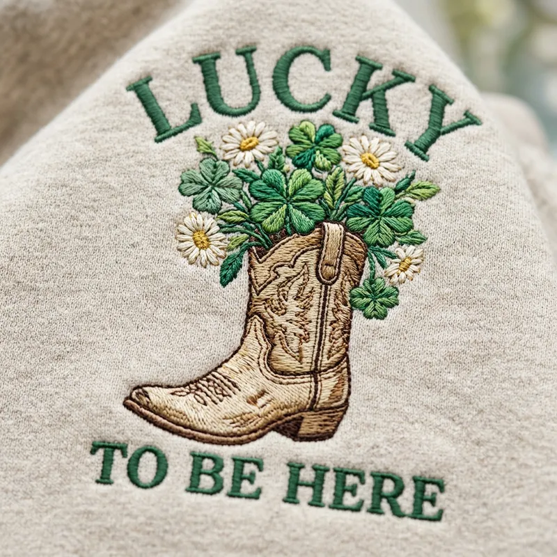 Macro close up of the high quality dense embroidery stitching showing the western boot and shamrocks