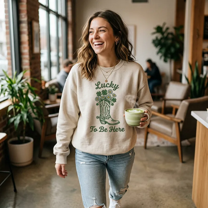 A young woman smiling while wearing the Lucky To Be Here embroidered sweatshirt on Saint Patrick's Day