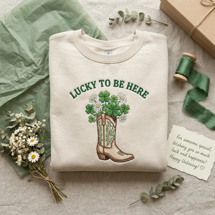 A beautifully styled flat lay featuring the Lucky To Be Here sweatshirt next to spring flowers and vintage accessories