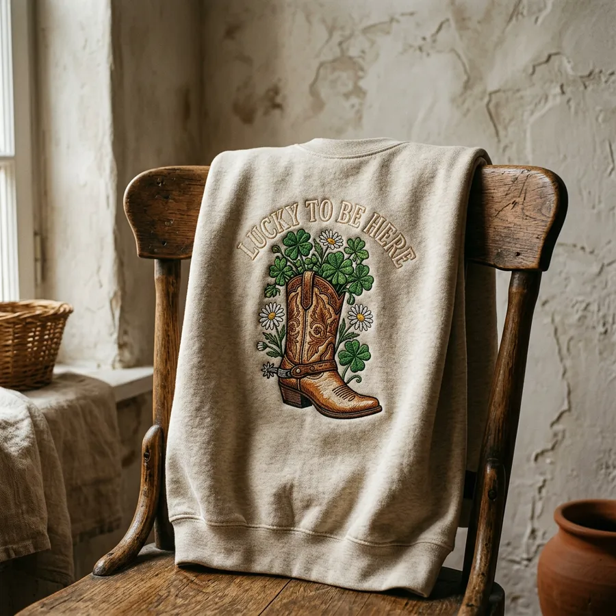 Close up detail of vintage-inspired Saint Patrick's Day embroidery elements