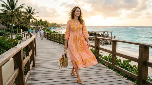 Woman walking on a boardwalk wearing a flowing pastel dress with golden-yellow floral embroidery