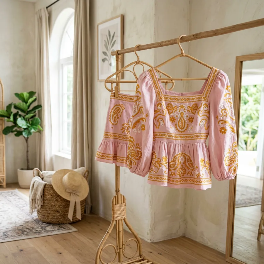 Ultimate Spring Break Embroidered Outfit Guide Mood board featuring pastel colors, spring travel accessories, and custom embroidered shirts