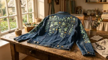 A beautifully embroidered St. Patrick's Day denim jacket on a cozy crafting table illuminated by warm sunlight.