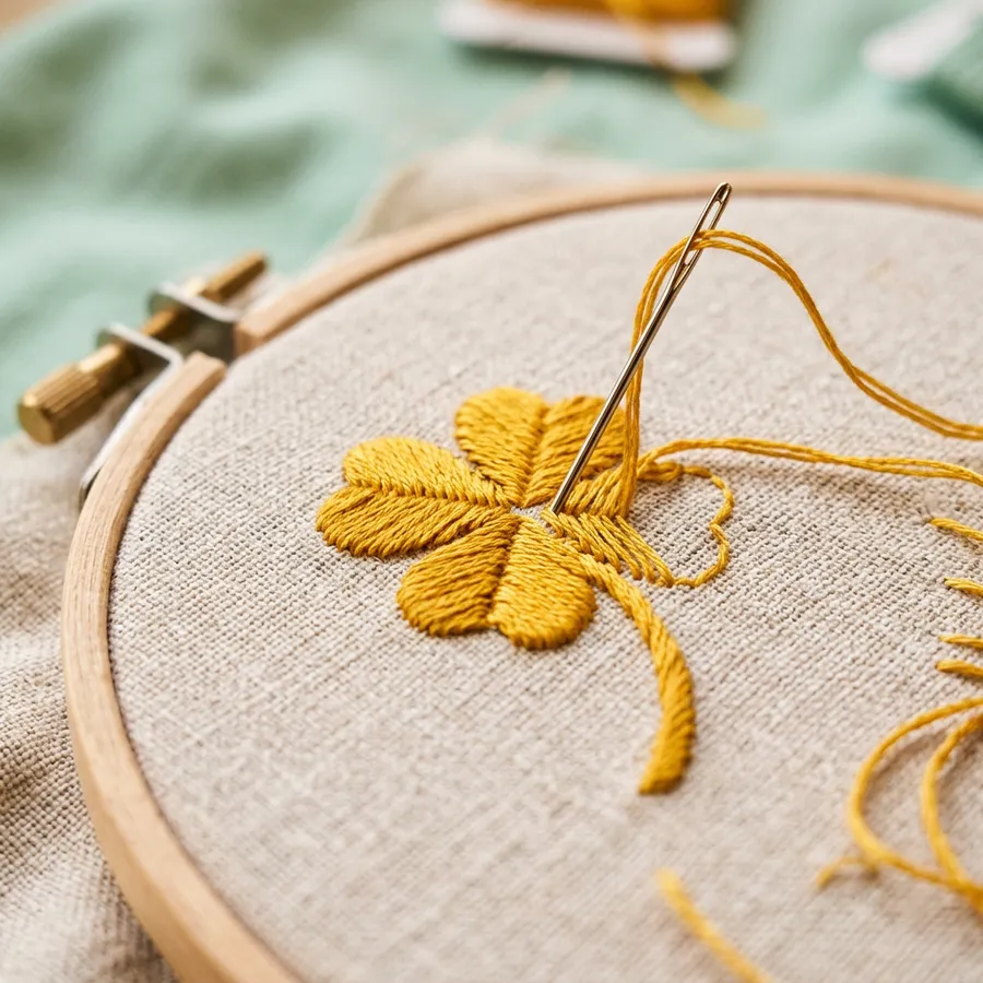 Step-by-step tutorial process of embroidering a four-leaf clover on a green sweater