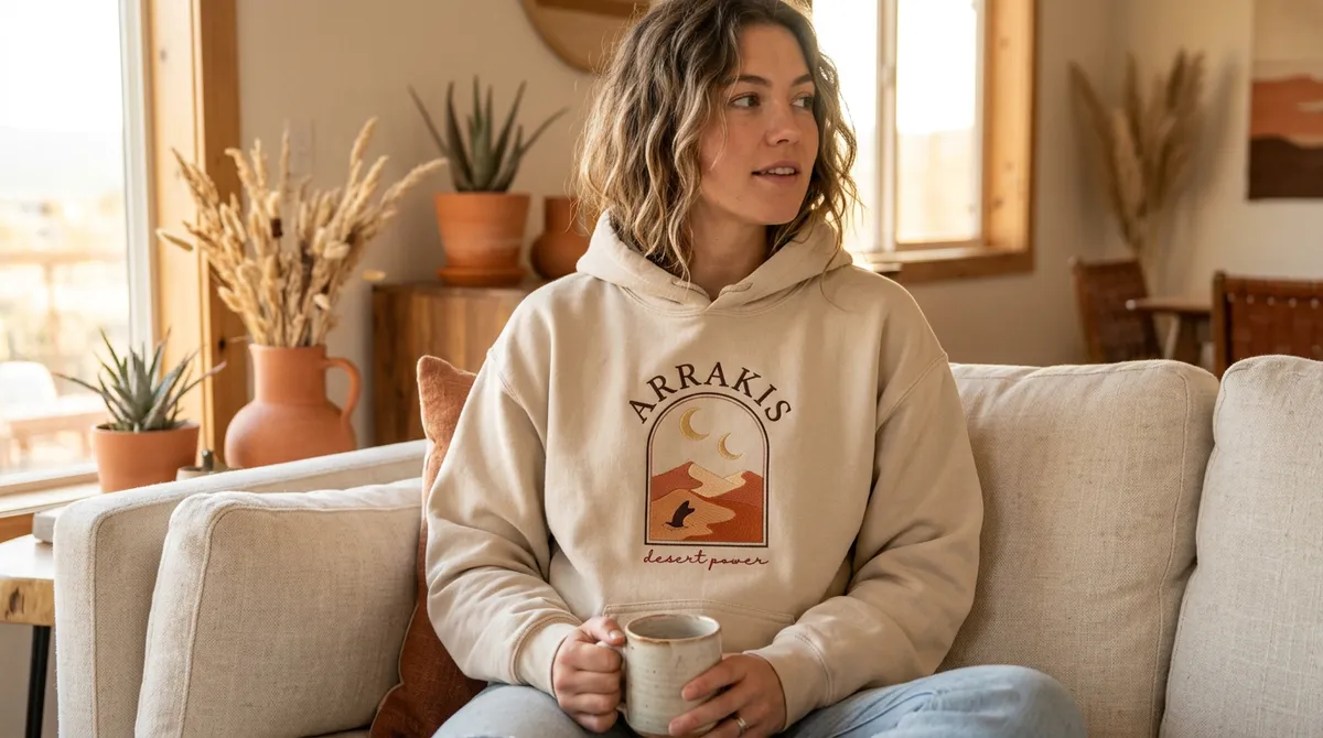 Wide lifestyle shot of a sand beige Dune 3 custom embroidered hoodie in a desert-core living room.