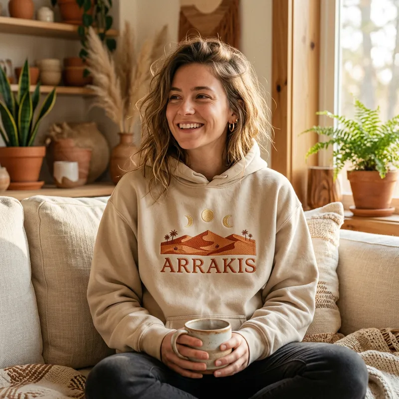 A stylish person wearing the Arrakis Desert Power Minimalist Embroidered Hoodie, looking off into the distance in a candid, golden-hour lifestyle shot