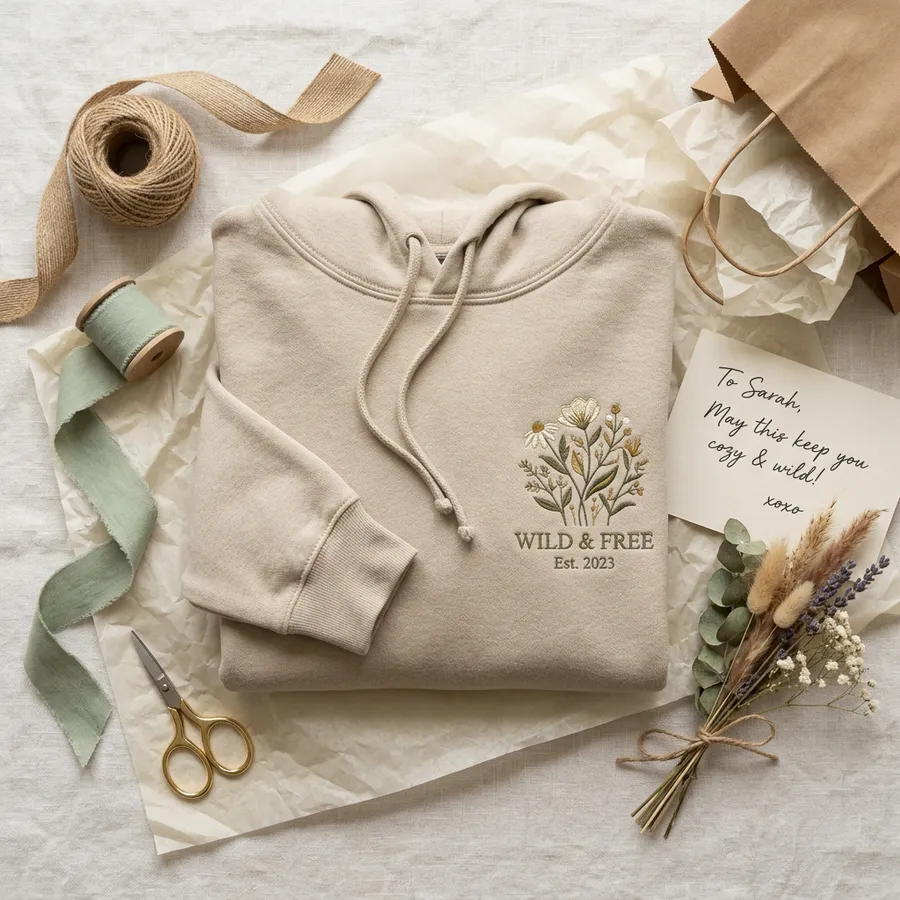 A beautifully styled flat lay showing the embroidered hoodie next to a vintage copy of the Dune novel, some loose spices, and minimalist desert decor