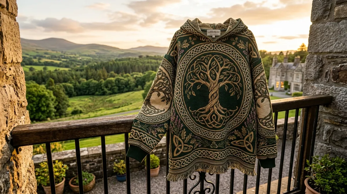 Is today st patrick's day? Embrace the cozy post-holiday trend with this Celtic woven tapestry hoodie.