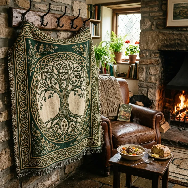 Macro shot detailing the intricate jacquard weaving of the Celtic Tree of Life on the Crann Bethadh blanket