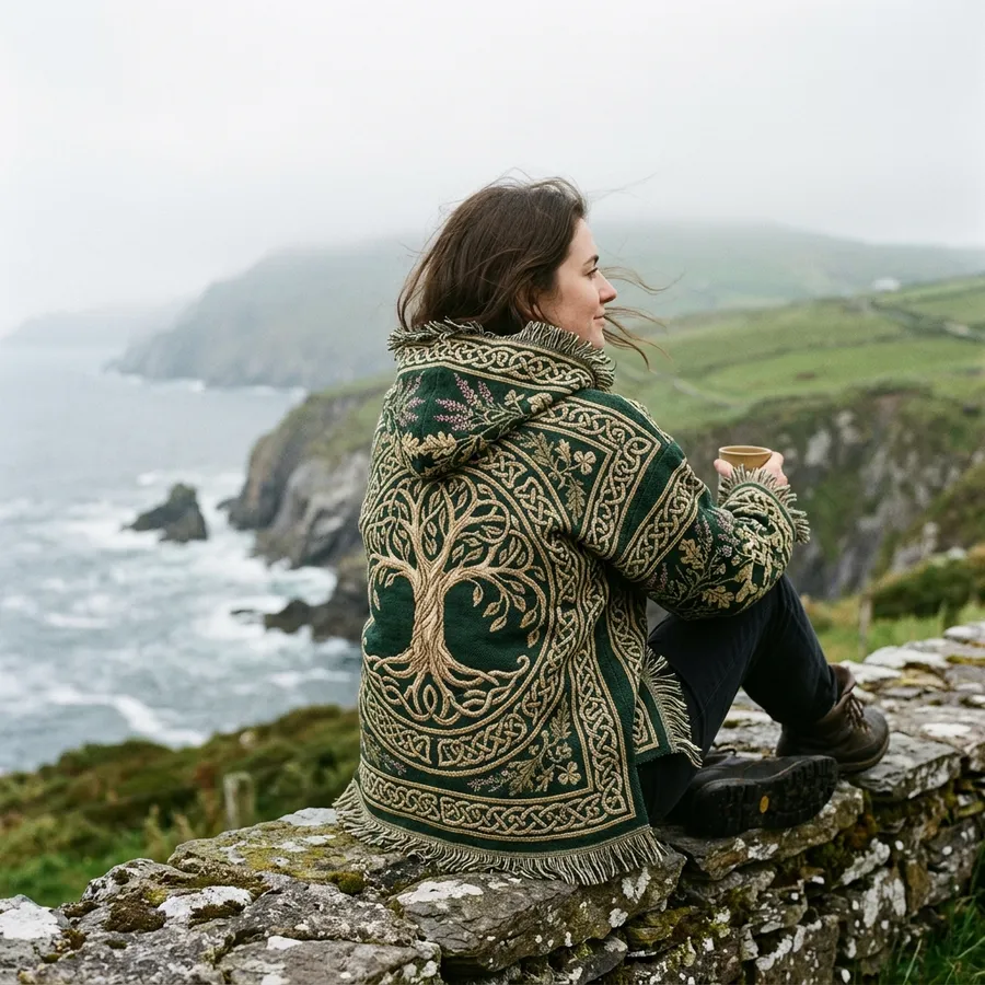 Styled flat lay showing the Celtic heirloom blanket, a rustic bowl of Irish stew, and a vintage wooden spoon