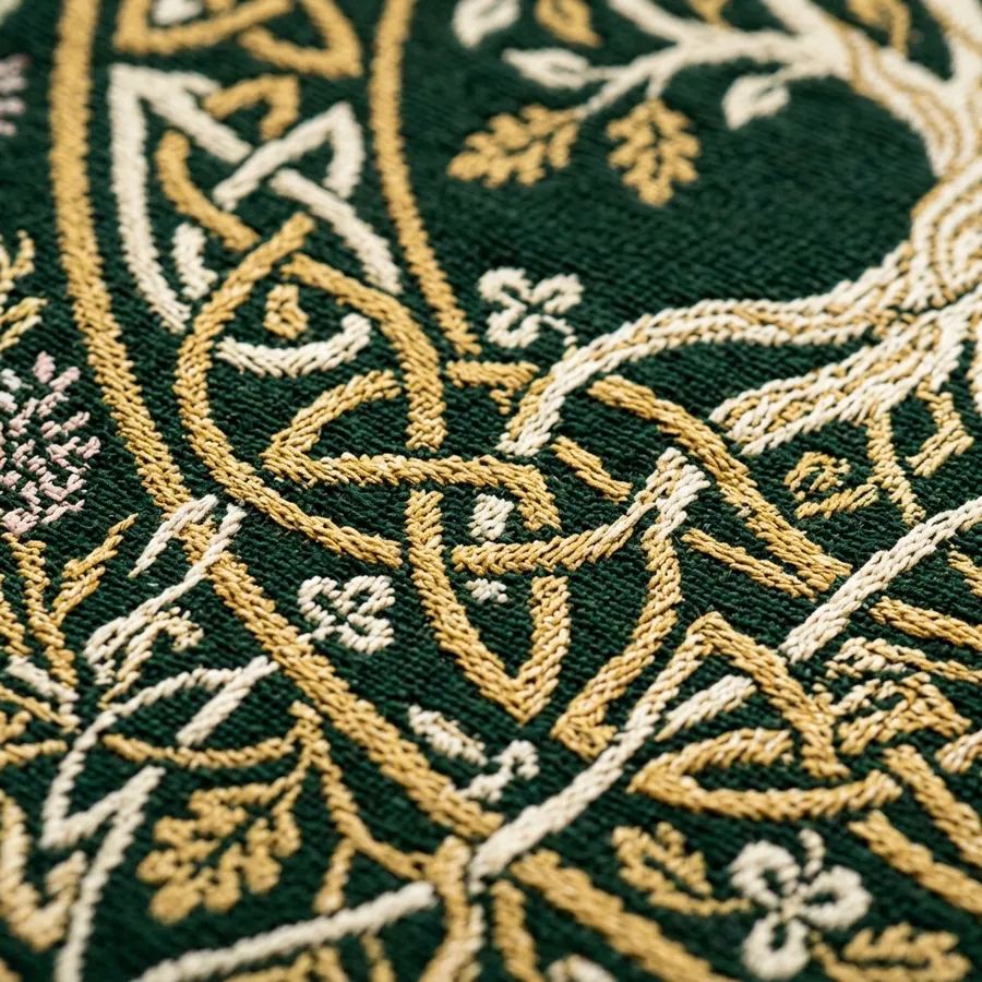 Folded view of the Crann Bethadh woven blanket highlighting the antique gold fringe and complex knotwork border