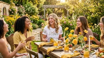 Group of friends at a sunlit garden party with one wearing a garden party embroidered floral tee