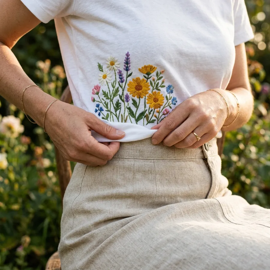 Close up of intricate floral machine embroidery on a soft cotton tee
