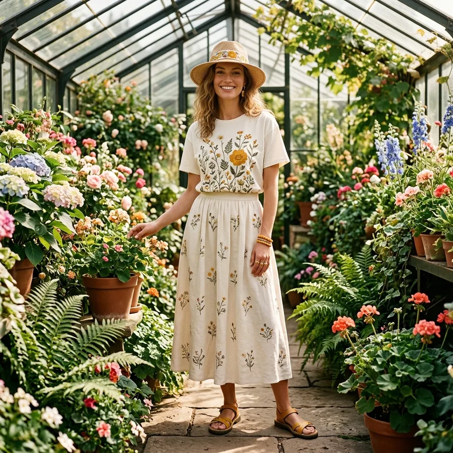 Woman styling her garden party embroidered floral tee with a stylish summer outfit