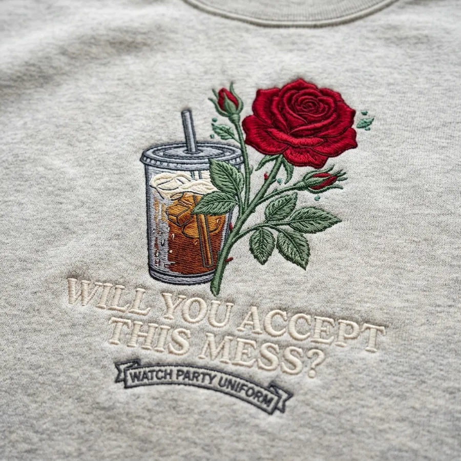 Detail shot of LolliDollyArt packaging and embroidery thread spools next to the sweatshirt