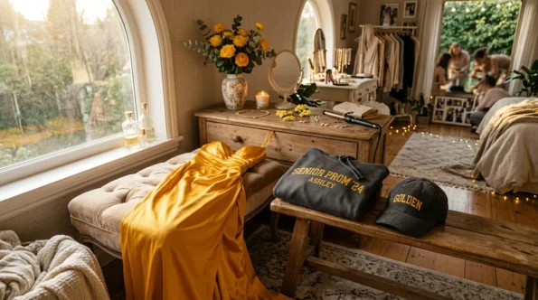 Custom embroidered hoodie and hat laid out next to a prom dress in warm golden lighting.