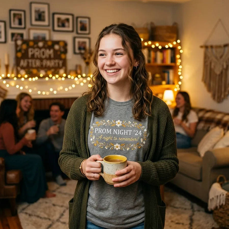 A collection of custom embroidered hats and sweatshirts laid out as prom keepsakes