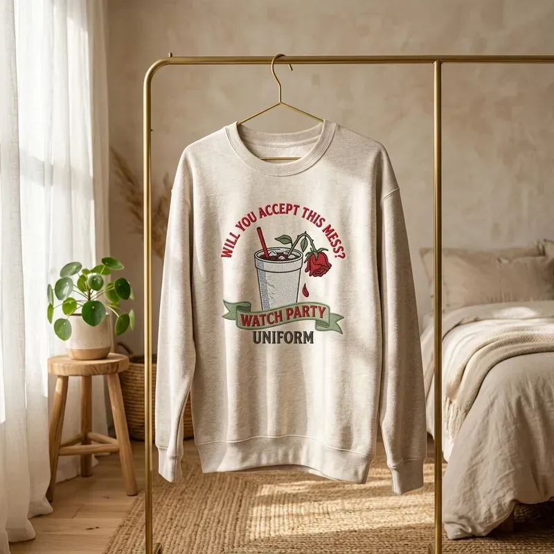 Woman wearing the Will You Accept This Mess sweatshirt laughing on a couch with popcorn