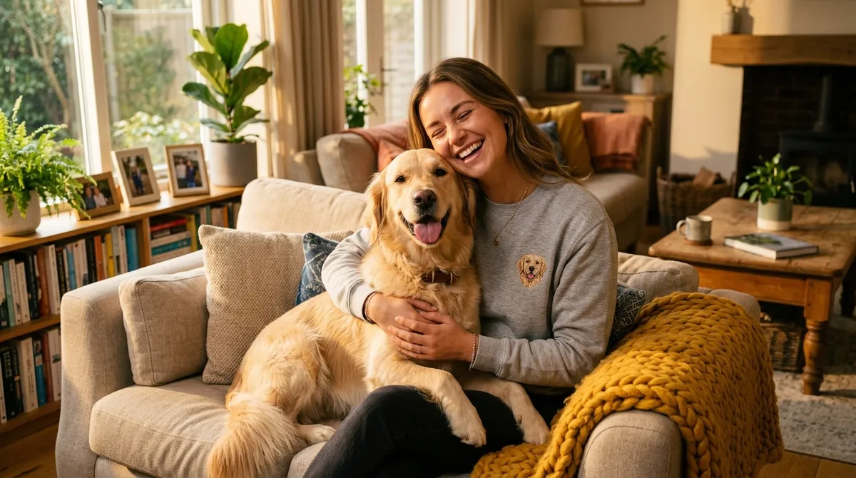 Woman wearing a custom dog mom sweatshirt hugging her Golden Retriever on a cozy couch