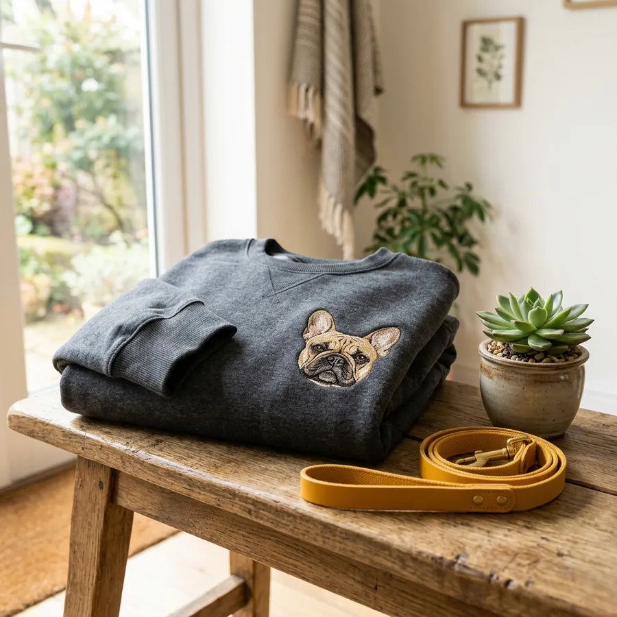A woman working at a coffee shop wearing her custom dog face embroidered hoodie, looking happy and stylish