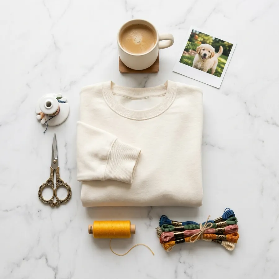 A customer unboxing their LolliDollyArt package, revealing a beautifully embroidered custom dog mom portrait sweatshirt