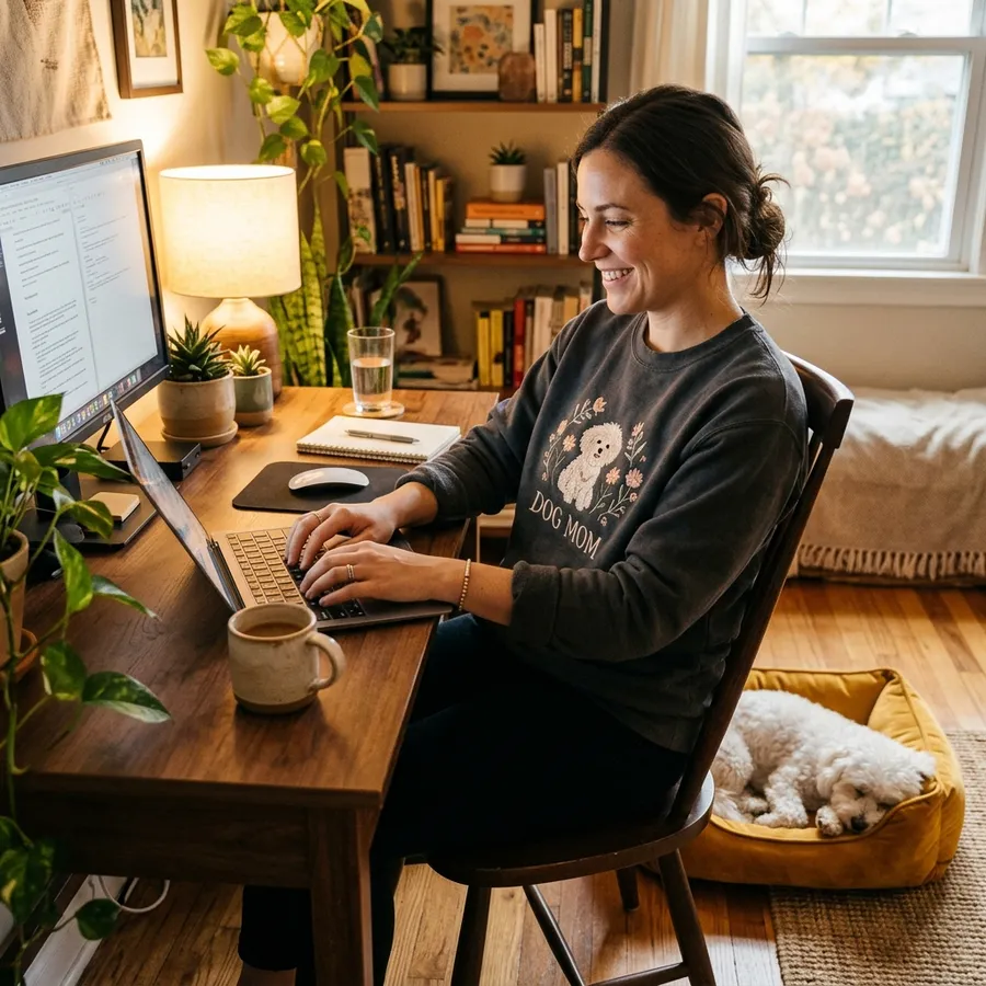 A group of friends laughing, one wearing a custom dog mom embroidered shirt, showcasing lifestyle and gift-giving joy
