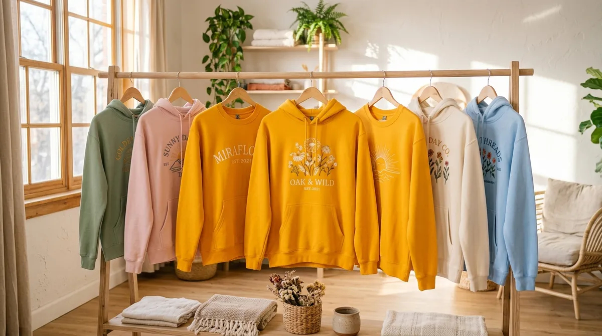 A sunlit clothing rack filled with cozy custom embroidered sweatshirts and hoodies