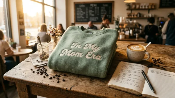 Post nursing bucket list custom mom sweatshirt in sage green on coffee shop table.