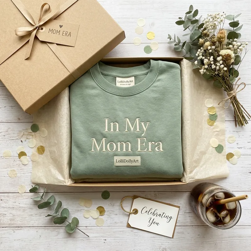 A mom laughing while wearing a custom LolliDollyArt sweatshirt that says Retired Milk Machine