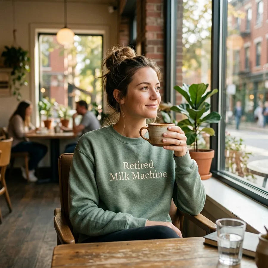 A beautifully styled flat lay showing a custom embroidered mom sweatshirt next to a cup of hot coffee and a jar of retinol