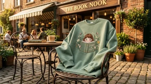 Sage green cozy reading sweatshirt with shy girl design highlighting human artist vs ai custom embroidery.