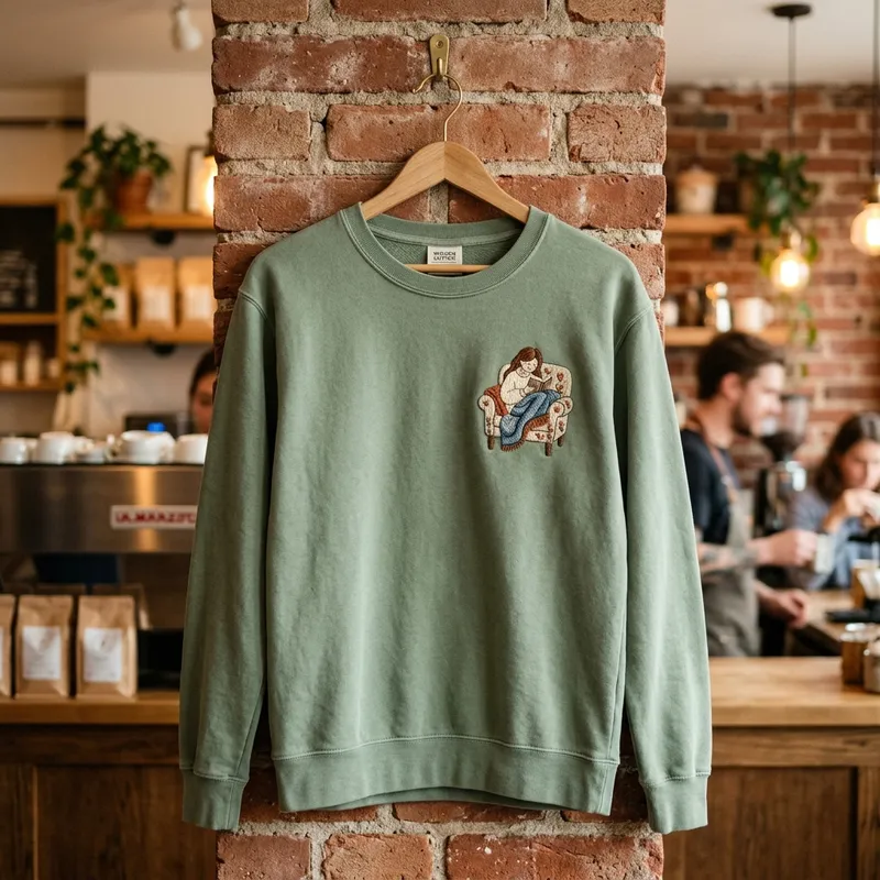Human Artist vs AI Custom Embroidery: The 'Shy Girl' Story A woman smiling warmly while wearing a custom pet embroidered sweatshirt, holding a book and a cup of tea