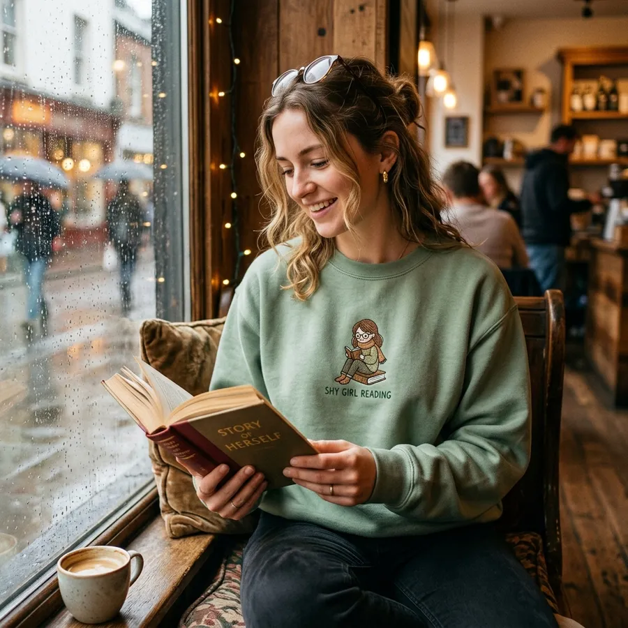 Human Artist vs AI Custom Embroidery: The 'Shy Girl' Story A beautifully styled flat lay showing a LolliDollyArt embroidered sweatshirt folded next to a stack of classic novels, reading glasses, and a lit candle
