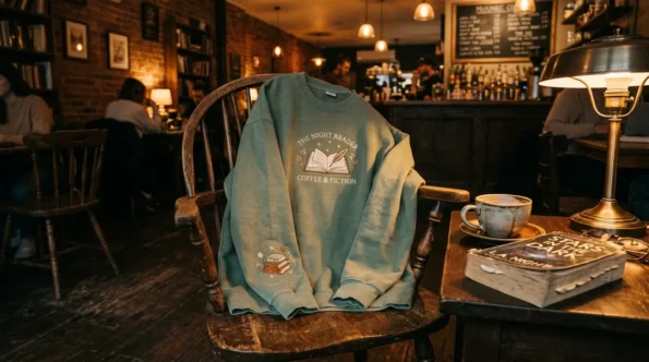 Hate reading bookish embroidered sweatshirts in sage green at a cozy coffee shop