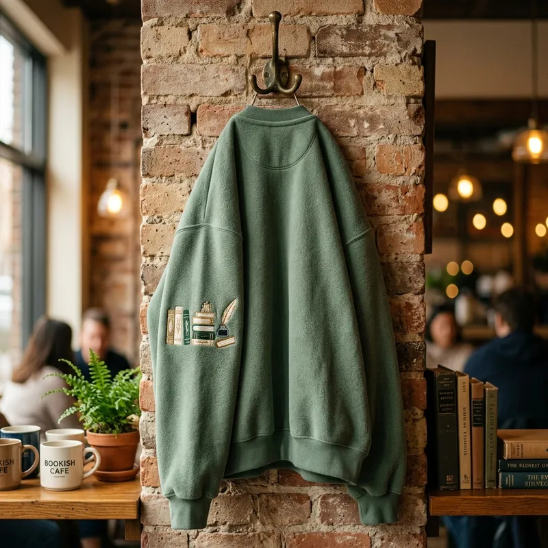 Hate Reading Bookish Embroidered Sweatshirts | LolliDollyArt Candid lifestyle shot of a woman looking frustrated but incredibly cozy in a custom embroidered LolliDollyArt sweatshirt while holding a book