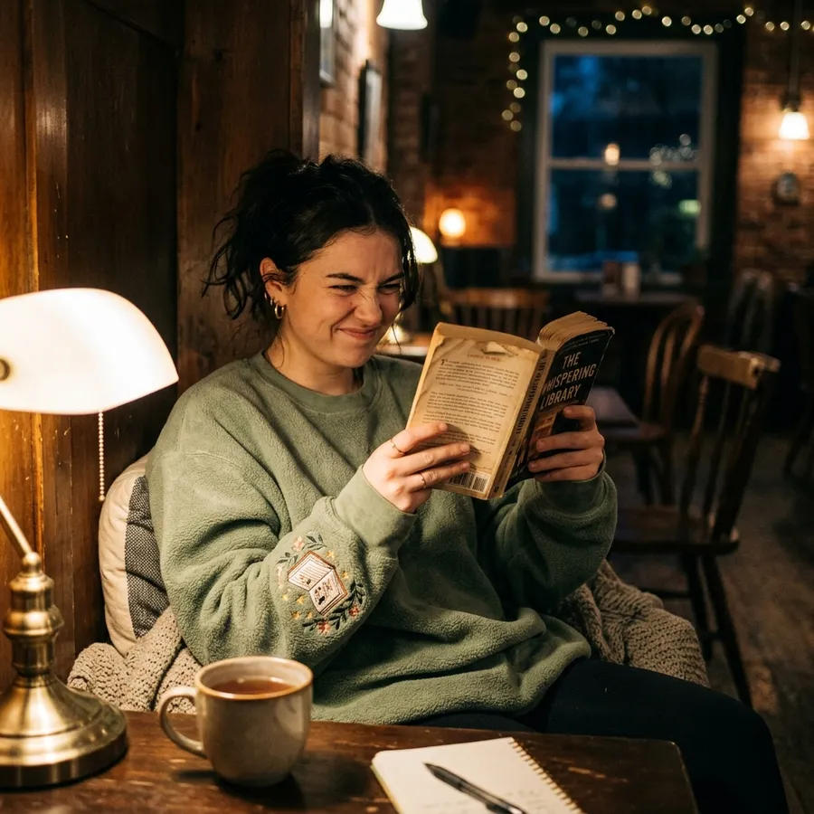 Hate Reading Bookish Embroidered Sweatshirts | LolliDollyArt Beautifully styled flat lay of a custom embroidered sweatshirt next to a stack of thick fantasy books, a cold cup of coffee, and reading glasses